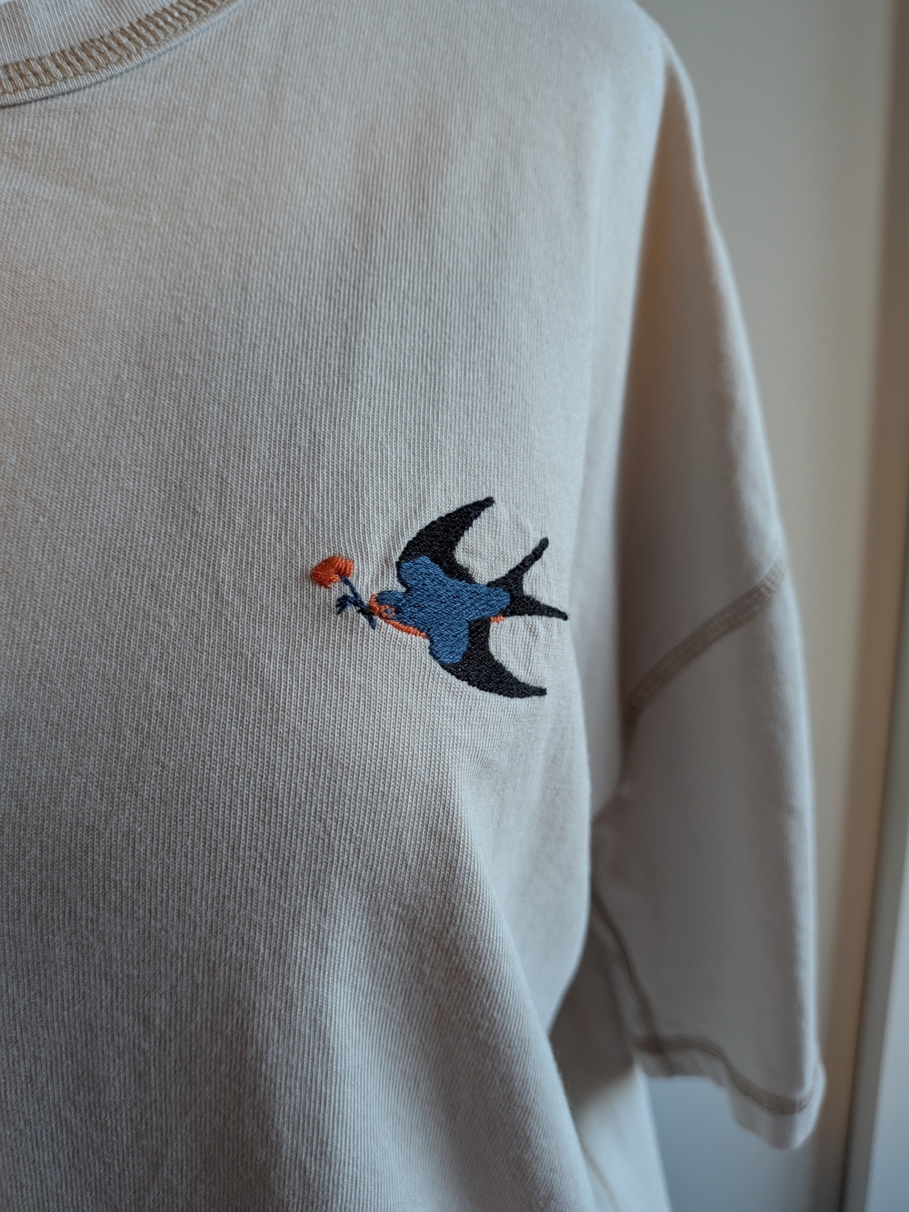 XXL Cotton Embroidered Graphic Tee - West Coast Beige Oversized Soft T-Shirt - Picture 5 of 7